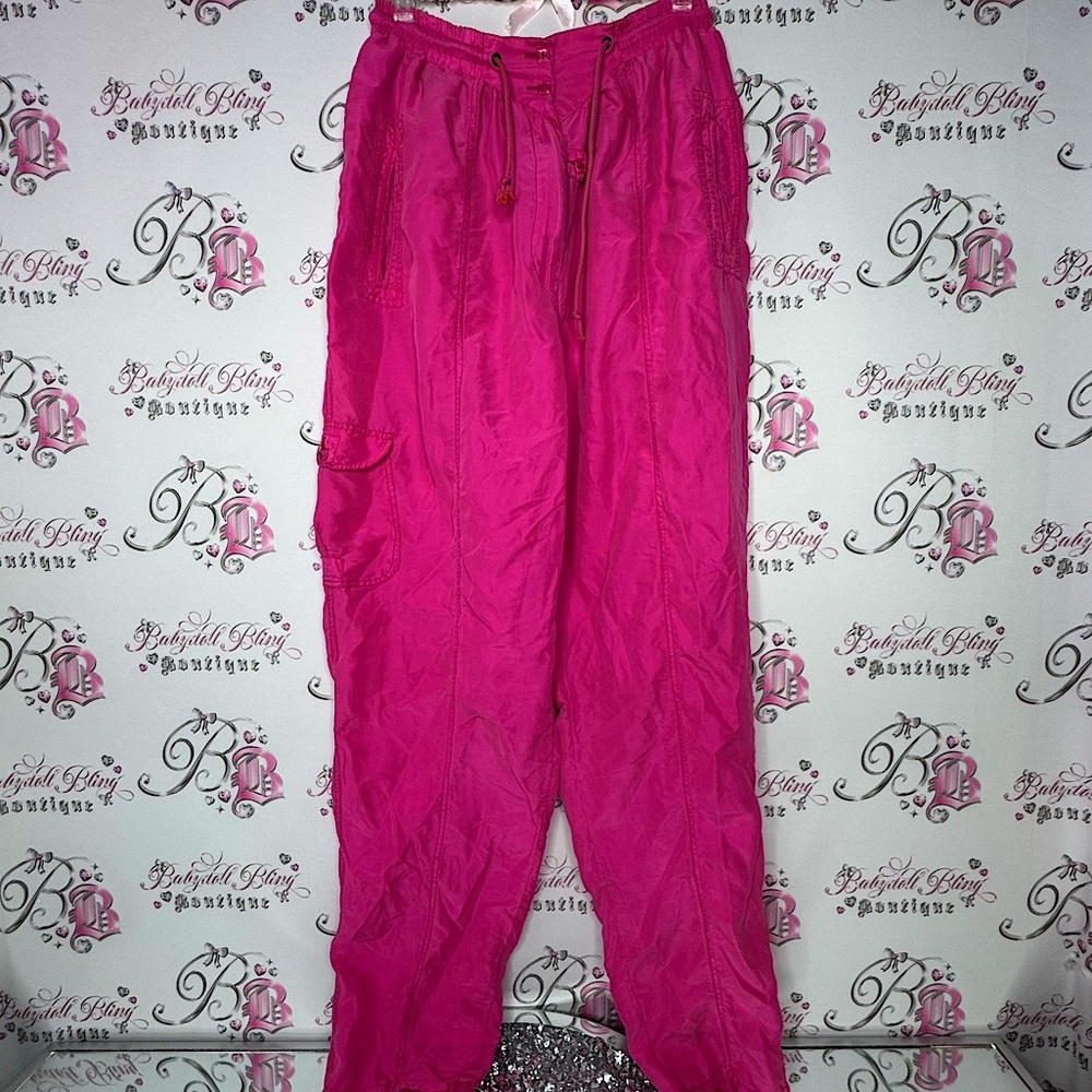 Nygard pants silk pink bright cargo style crystal buttons pockets on side baggy